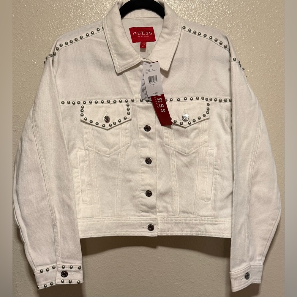 GUESS Clara Studded White Denim Jacket – Floral Back | Size M | NWT - Picture 2 of 4
